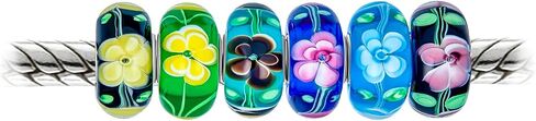 Assorted Mixed Set Of 6 Bundle Translucent Shades Of Floral Red Pink Blue Yellow Flower Rose Murano Glass Charm Bead .925 Sterling Silver Core Fits European Bracelet For Women Teen in Saudi Arabia