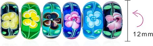 Assorted Mixed Set Of 6 Bundle Translucent Shades Of Floral Red Pink Blue Yellow Flower Rose Murano Glass Charm Bead .925 Sterling Silver Core Fits European Bracelet For Women Teen in Saudi Arabia
