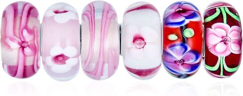 Assorted Mixed Set Of 6 Bundle Translucent Shades Of Floral Red Pink Blue Yellow Flower Rose Murano Glass Charm Bead .925 Sterling Silver Core Fits European Bracelet For Women Teen in Saudi Arabia