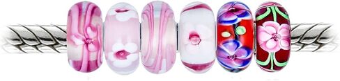 Assorted Mixed Set Of 6 Bundle Translucent Shades Of Floral Red Pink Blue Yellow Flower Rose Murano Glass Charm Bead .925 Sterling Silver Core Fits European Bracelet For Women Teen in Saudi Arabia