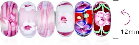 Assorted Mixed Set Of 6 Bundle Translucent Shades Of Floral Red Pink Blue Yellow Flower Rose Murano Glass Charm Bead .925 Sterling Silver Core Fits European Bracelet For Women Teen in Saudi Arabia