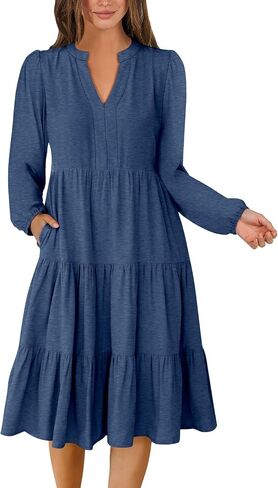 Womens V Neck Long Sleeve Midi Dress 2024 Fall Fashion Casual Loose Fit Flowy Swing Tiered Beach Vacation Dresses in Saudi Arabia