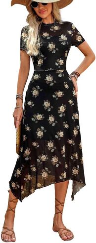GothDark Vintage Goth Dress 2024 Fall Floral Print Mesh Spliced Double-Layered Irregular Hemline Midi Dress in Saudi Arabia