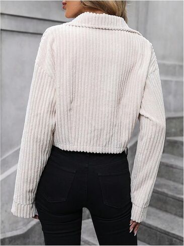 OYOANGLE Women's Zipper Front Lapel Collared Long Sleeve Bomber Jacket Knitted Textured Crop Jacket Coat in Saudi Arabia