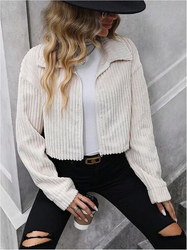 OYOANGLE Women's Zipper Front Lapel Collared Long Sleeve Bomber Jacket Knitted Textured Crop Jacket Coat in Saudi Arabia
