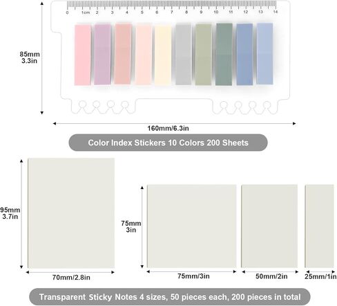 400 PCS Transparent Sticky Tabs, Index Tabs and Clear Sticky Notes Book Tabs, Writable and Pasteable Note for School, Office(Transparent+10 Colour) in Kuwait