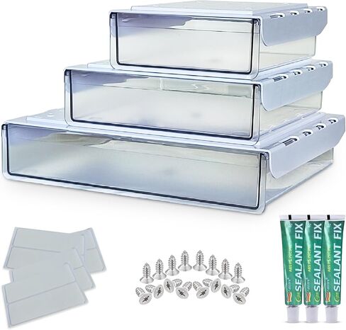 3 Pack Plastic Clear Under Desk Organizer Drawer - Office Drawers Under Desk, Under Desk Storage Drawers for Home, Under Desk Shelf, Under Desk Drawer Kit, Desk Drawer, Slide in Saudi Arabia
