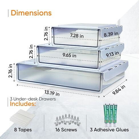 3 Pack Plastic Clear Under Desk Organizer Drawer - Office Drawers Under Desk, Under Desk Storage Drawers for Home, Under Desk Shelf, Under Desk Drawer Kit, Desk Drawer, Slide in Saudi Arabia