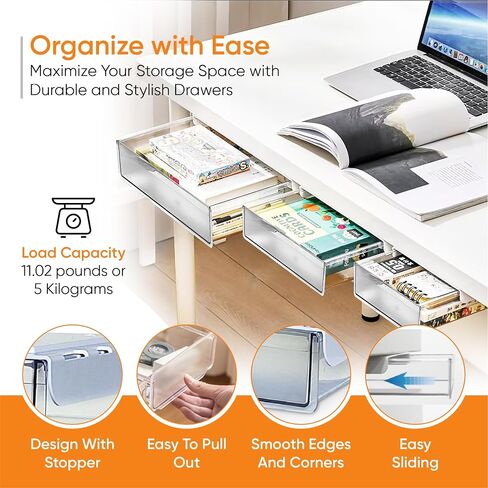 3 Pack Plastic Clear Under Desk Organizer Drawer - Office Drawers Under Desk, Under Desk Storage Drawers for Home, Under Desk Shelf, Under Desk Drawer Kit, Desk Drawer, Slide in Saudi Arabia
