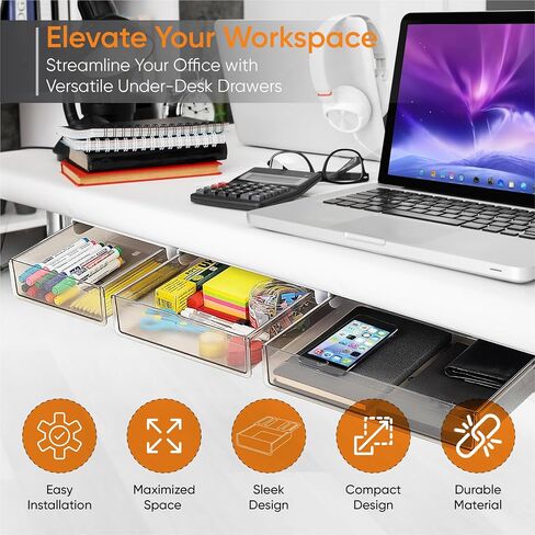 3 Pack Plastic Clear Under Desk Organizer Drawer - Office Drawers Under Desk, Under Desk Storage Drawers for Home, Under Desk Shelf, Under Desk Drawer Kit, Desk Drawer, Slide in Saudi Arabia