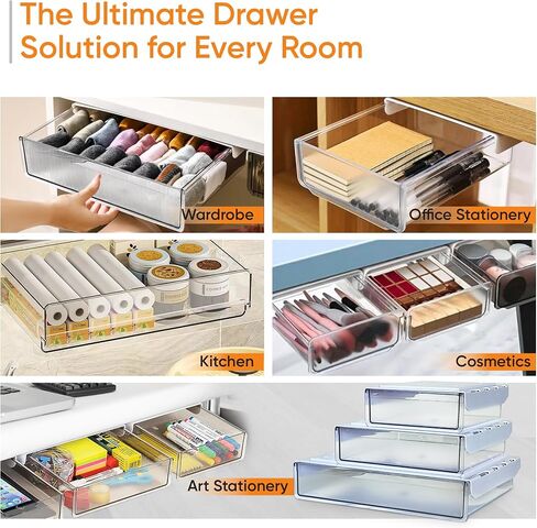 3 Pack Plastic Clear Under Desk Organizer Drawer - Office Drawers Under Desk, Under Desk Storage Drawers for Home, Under Desk Shelf, Under Desk Drawer Kit, Desk Drawer, Slide in Saudi Arabia
