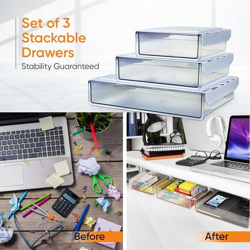 3 Pack Plastic Clear Under Desk Organizer Drawer - Office Drawers Under Desk, Under Desk Storage Drawers for Home, Under Desk Shelf, Under Desk Drawer Kit, Desk Drawer, Slide in Saudi Arabia