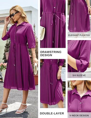 Women's Autumn Collar V Neck Long Sleeve Extra Long A-Line Dress 2024 Elegant Pleated Skirt Fashion Dress in Kuwait