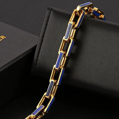 سوار من الفولاذ المقاوم للصدأ من اللازورد الأزرق 10 ملم للرجال سوار من الذهب عيار 18 قيراط من اللازورد (ذهبي، 8 بوصات) in Kuwait