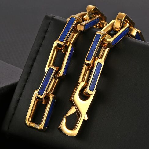سوار من الفولاذ المقاوم للصدأ من اللازورد الأزرق 10 ملم للرجال سوار من الذهب عيار 18 قيراط من اللازورد (ذهبي، 8 بوصات) in Kuwait