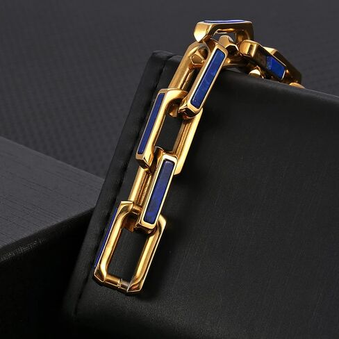 سوار من الفولاذ المقاوم للصدأ من اللازورد الأزرق 10 ملم للرجال سوار من الذهب عيار 18 قيراط من اللازورد (ذهبي، 8 بوصات) in Kuwait