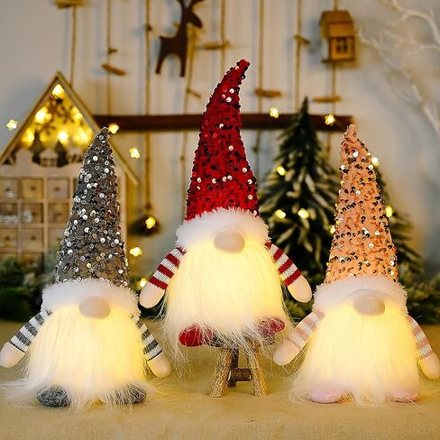 3 Pack Lighted Christmas Gnome, Handmade Scandinavian Swedish Tomte with Sequins Long Hat, Santa Elf Figurine Faceless Doll Tabletop Xmas Party Decor, Multicolor, 11.8x3.9x3.9 inch in Saudi Arabia