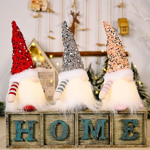 3 Pack Lighted Christmas Gnome, Handmade Scandinavian Swedish Tomte with Sequins Long Hat, Santa Elf Figurine Faceless Doll Tabletop Xmas Party Decor, Multicolor, 11.8x3.9x3.9 inch in Saudi Arabia