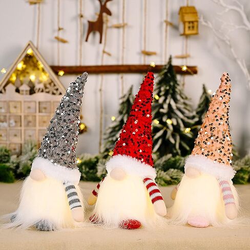 3 Pack Lighted Christmas Gnome, Handmade Scandinavian Swedish Tomte with Sequins Long Hat, Santa Elf Figurine Faceless Doll Tabletop Xmas Party Decor, Multicolor, 11.8x3.9x3.9 inch in Saudi Arabia