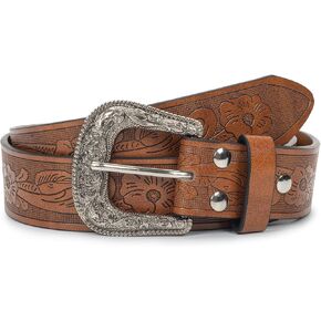 Women's Vintage-Western-Cowboy-Belt with Rhinestone-Buckle, Floral Engraved Cowgirl Belt Waist Strap for Jeans