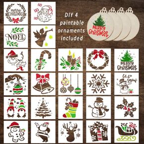 28 Pc Christmas Stencils for Painting on Wood (3 inch) - Holiday Stencils Reusable for Crafts, Cards, Kids, Windows –DIY Ornaments, Decorations -Gnome, Tree Stencil – Incl. 4 Wood Slices