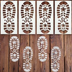 Eaasty 4 Pcs Christmas Santa Footprint Stencil for Painting Reusable Christmas Santa Boot Snowflake Footprint Stencil Template for Wood Sign Window Wall Floor DIY Xmas Decorations