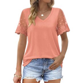 OFEEFAN Casual V Neck T Shirts for Women Lace Short Sleeve Curved Hem Tops Loose Fit
