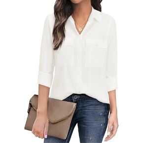 Women's Button Down Blouse Long Sleeve Dress Shirts for Work Office Business Casual Chiffon Tops