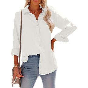 HOTOUCH Button Down Shirt Women Casual Blouse Office Boyfriend Long Sleeve Tops