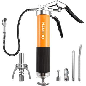 Grease Gun with Quick Release Coupler, 8000 PSI Heavy Duty Pistol Grip Grease Gun Kit, 14 oz Load, 18 Inch Spring Flex Hose, 2 Grease Couplers, 2 Extension Rigid Pipes and 1 Sharp Easy Operation