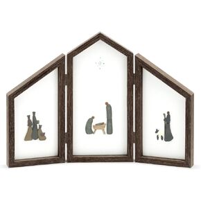 DEMDACO Sharon Nowlan Three Wise Men Holy Family Angel 15 x 11 Wood and Glass Hinged Christmas Triptych Shadow Box