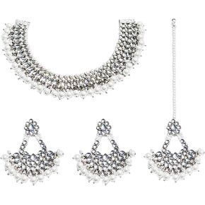 Premium Polki Kundan Necklace Set Pearl Earrings Maang Tikka Designer Pakistani Indian Jewelry Sets for Women, Elegant Traditional Bollywood Bridal Jewelry Sets, Festival and Wedding Jewelry Gifts for Her