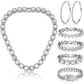 Yinkin 6 Pcs Link Chain jewelry sets for Woman with Rhinestone Necklace Bracelet Earrings Bling Diamond chunky Chain Jewelry for Woman Men