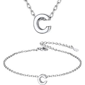 ChicSilver Initial Pendant Necklace and Bracelet for Women Girls 925 Sterling Silver Letter C Initial Jewelry Set