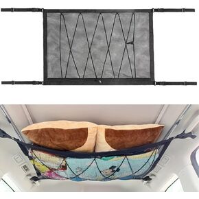 Car Ceiling Storage Net | Double Zipper, Adjustable Strap Prevent Falling, Double-Layer Mesh Long Road Trip Camping Van SUV Roof Cargo Pocket Organizer for Putting Quilt Toys Towel Sundries