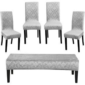 FORCHEER Dining Chair Covers and Bench Covers Set Waterproof Jacquard Chair Slipcover Set of 4 Washable Parsons Chair Slipcover - 4 PCS Chair Cover+1 PC Bench Cover （Waterproof-Light Brown）
