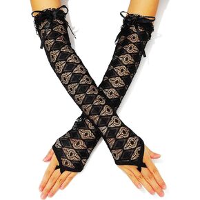 Black Long Gloves Lace Fingerless Gloves Mesh Opera Tea Party Gloves Rave Accessories for Women and Girls