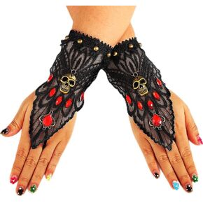 Black Goth Gloves Glitter Halloween Fingerless Gloves Short Wrist Cosplay Bat Party Accessories for Women and Girls