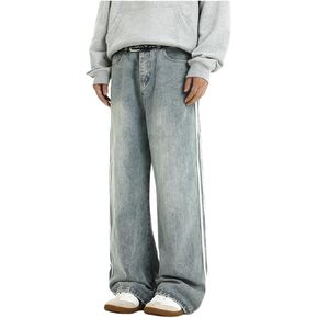 Men's Baggy Vintage Jeans Loose Fit Denim Pants with Stripes on The Side Relaxed Skateboard Denim