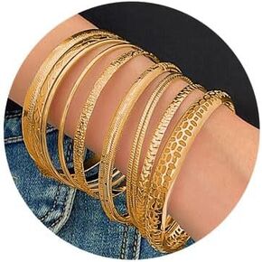 Gold Bangle Bracelets For Women 14k Gold Plated Multi Layer Stackable Cuff Bracelet Set Trendy Charms Minimalist Textured Boho Jewelry for Women