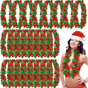 Tlswshsy 24 Pcs Christmas Hawaiian Leis, Red and Green Hawaiian Flower Necklace, Tropical Hawaiian Luau Leis for Christmas Cosplay Beach Wedding Carnival Themed Party Decorations and Supplies