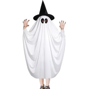Halloween Ghost Costume for Kids Adult- White Ghost Cloak Costume with Witch Hat- Ghost Fancy Dress Cosplay