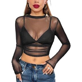 Avidlove Womens Mesh Top Mock Neck Ruched Sheer Y2K Crop Top Party Clubwear Night