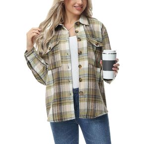 MCEDAR Women's Oversizes Plaid Shacket Jacket Casual Lapel Long Sleeve Button Down Plus Size Flannel Shirt (S-4X)