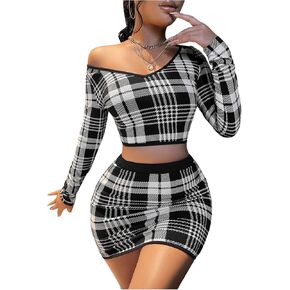 MakeMeChic Women's Skirt Sets 2 Piece Outfits Plaid Long Sleeve V Neck Crop Tops and Mini Skirts