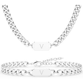2PCS Initial Letter Cuban Necklace Bracelet, A-Z Letter Pendant Stainless Steel Silver Cuban Link Chain for Men Women Jewelry Set Valentines Day Birthday Christmas Gift for Him Her