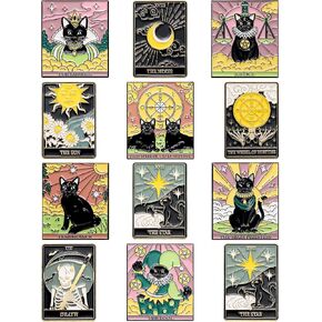 Kacctyen 12 Pieces Tarot Card Enamel Pins Set Divination Lapel Pins Black Cat Lapel Badge for Backpacks Bag Clothing