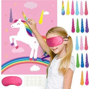 FEPITO Birthday Party Game for Kids Pin The Horn on Unicorn-Game Poster with 24 Horn Stickers Pin The Tail Game for Girl Unicorn-Birthday Rainbow Party Favors Supplies Wall Home Room Decorations