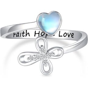 Faith Ring 925 Sterling Silver Adjustable Mustard Seed/Moonstone Cross Ring Faith Hope Love Gift Jewelry for Women