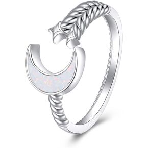 Moon and Star Ring S925 Sterling Silver Crescent Moon Star Ring Opal Open Ring Adjustable Ring Gift for Women